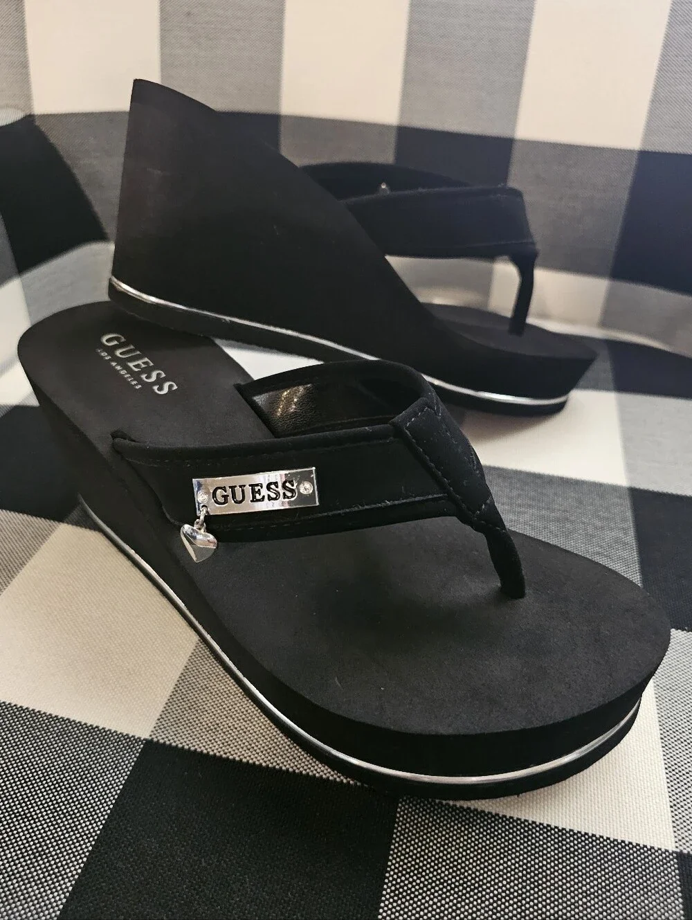 GUESS Black Wedge Thong Sandals with Silver Logo - Picture 1 of 5